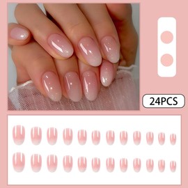 Almond Press on Nails Medium Round Fake Nails Pink Ombre False Nails with Gloss Designs Acrylic Nails Press on Artificial Nails Stick on Nails for Women 24Pcs Nail Press ons
