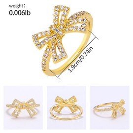 Gold Bow Ring for Women 14K Gold Plated Cubic Zirconia Bow Knot Ring Elegant Bowknot Statement Ring CZ Bow Tie Ring Ribbon Wedding Anniversary Engagement Party Trendy Jewelry Gift for Her, Size 9