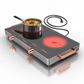 Nefaracy Electric Cooktop 2 Burner, 24 Inch Electric Stove with Touch & Knob Control, 2000W Ceramic Cooktop 110V Plug in, 240Mins Timer, Safety Lock & 9 Heating Levels, Overheat Protection(Red)