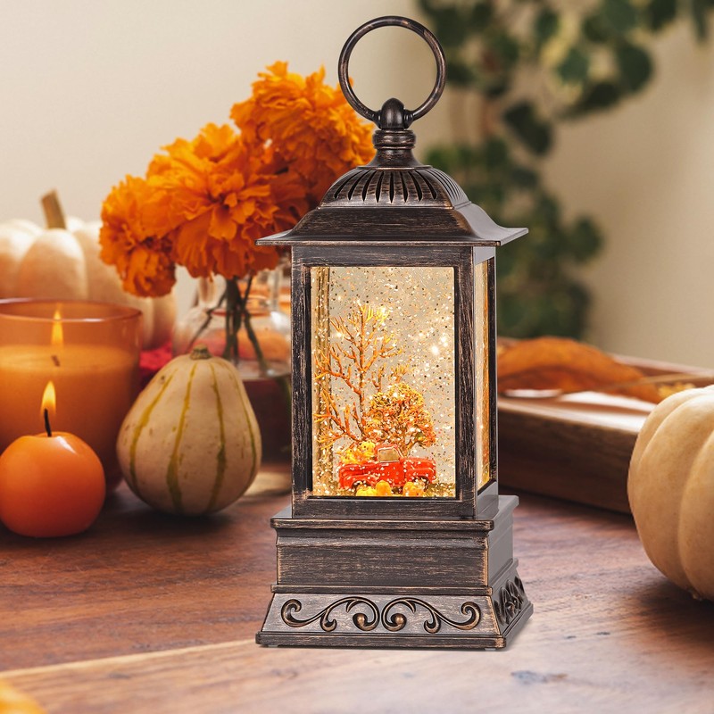 Fall Snow Globe Decorations, Glitter Red Truck Lantern with 6H