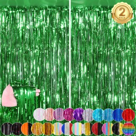 Green Fringe Curtain Party Streamers 2Pack 3.3 x 8.3 Ft Foil Fringe Backdrop Curtains for Birthday Wedding Bridal Baby Shower Holiday Tinsel Streamers Green Party Christmas Decorations Door Streamers