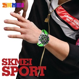 SKMEI Men Watches Silicone Band Young Waterproof Sports Fashion Casual Large Big Face Chronograph Luxury Luminous Analog Quartz Green Wrist Watch Gifts