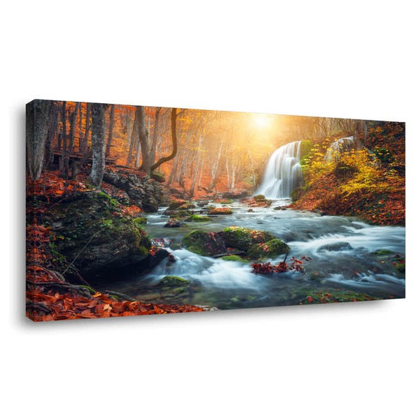 Autumn Waterfall Large Stretched Canvas Wall Art For Living Room Bedroom Home Decoration,Mordern Forest River Print Picture Painting Decor Giclee Artwork,Gallery Wrapped Gift,Inner Frame(30x60)