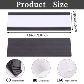 Pack of 80 Magnetic Label Holders, HAOTIAN-X 3 x 1 Inch C Channel Magnetic Label Card Stand with 80 Clear Protective Films and 160 White Paper Strips for Office, Warehouse, Shelf, Cupboard