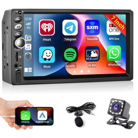 Inefala Double Din 7 Inch Car Stereo with Carplay Android Auto, HD Touch Screen with Bluetooth FM Radio EQ Mirror Link SWC AUX/RCA/TF/USB Port Backup Camera MIC
