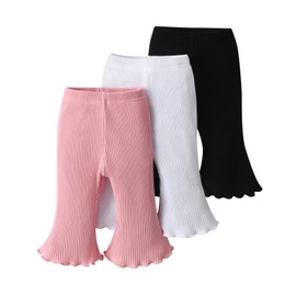 Lala Bear Infant Baby Girl 3 Pack Solid Ruffle Pants Ribbed Casual Leggings White & Pink & Black 6-9 Months