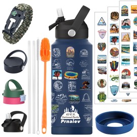 Prnaiev National Parks Water Bottle with 2 Sets of 63 Waterproof Stickers & 3 Lids, 32 oz Leakproof Insulated Water Bottle, with Bear Deterrent Paracord Bracelet for Hiking,Camping,(Blue)