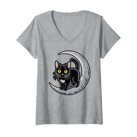 Womens Mystical Black Cat and Moon Scene V-Neck T-Shirt