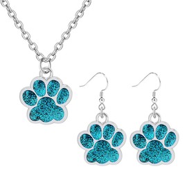 Dreuyet Paw Necklace and Earrings Set for Women Glitter Cute Dog Cat Pet Paw Print Pendant Necklace Earrings Lovely Animal Charm Jewelry Set Gifts (Silver Light Blue)