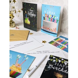 Happy Birthday Cards with Envelopes and Stickers – 20 Unique Designs Greeting Notes, 4x6 Inches when Folded, Thick Cardstock, Matte Finished in a Sturdy Box