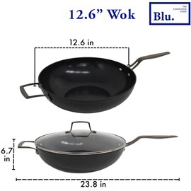 Blu. Cookware 12.6” Wok with Lid, Durable Non-Stick Stir Fry Pan, Non-Toxic, PFA/PFOA-Free, Suitable for All Cooktops, Includes Bamboo Brush