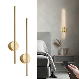Battery Operated Modern Wall Sconces, Dimmable Wireless Wall Light Set of Two with Remote Control, 3 Color Temperatures, Rechargeable LED Wall Sconce for Bedroom, Living Room, Hallway, 39.3 Inch Gold