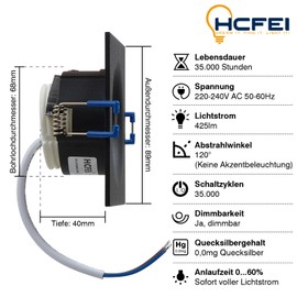 HCFEI LED Einbaustrahler Set eckig - schwarz 5 Watt dimmbar 230V flach blendfrei – Einbauleuchte Ø 68mm Bohrloch – Einbau-Spot Decken-Strahler Deckeneinbaustrahler (3er set - Warmweiß)