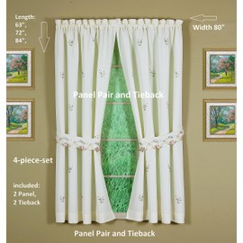 Today's Curtain Verona Reverse Embroidery Panel Pair and Tiebacks, 63", Ecru/Rose, 80" W X 63" L