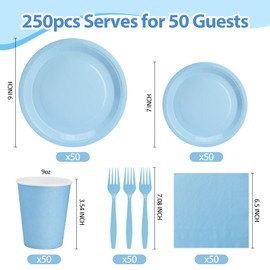 250Pcs Light Blue Paper Plates and Napkins Supplies Include 9’’Paper Party Plates, 7’’Dessert Plate Cups Napkins Forks for Baby Shower, Wedding, Birthday, Serves 50