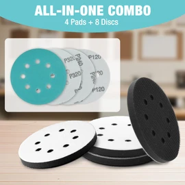 WORKPRO 5 Inch Orbital Sander Interface Pads and Sanding Discs, 4 Foam Buffer Pads & 8 Grit Sandpaper (80/120/240/320), 8 Hole Hook and Loop Soft Cushion Sponge Backing for Sander