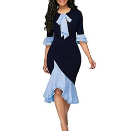 YACUN Women Bell Half Sleeve Vintage Bodycon Knee Length Dress Bow Tie Pencil Mermaid Business Dresses Light Blue XL