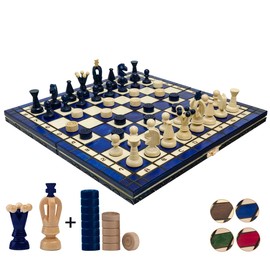 Great Kingdom Schach Spiel und Dame Spiel | Master of Chess Farbe Blau | Chess Set 35cm | Qualität Reise Schachspiel- Handgemachtes Tragbares Schach für Kinder und Erwachsene