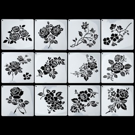 12 PCS Rose Flower Stencils 7.8 X 7.8 Inch Reusable Rose Stencils for Painting on Wood PET Stencils for Crafts and Decorations