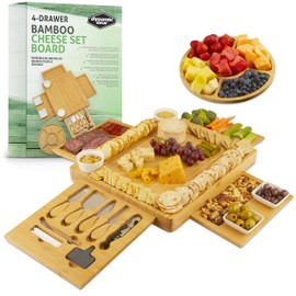 Dynamic Gear Charcuterie Boards with Drawers - Expandable Bamboo Cheese Board Set with Stainless Steel Utensils, Ceramic Bowls, Serving Trays, Utensil Drawer, and Appetizer Tray - 4 Hidden Drawers