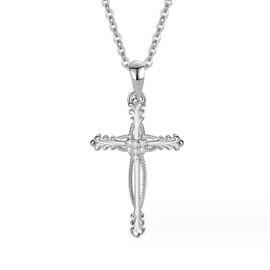 Cuafufu Sterling Silver Cross Pendant Necklace | Cubic Zirconia Cross Necklace | Unique Design Heart Middle Religion Cross Necklace Gift for Women and Teen Girls (Silver)