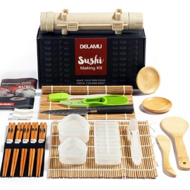 Sushi Making Kit, Delamu Upgrade 22 in 1 Sushi Maker Kit with Bamboo Mats, Chef's Knife, Triangle/Nigiri/Gunkan Sushi Mold, Chopsticks, Guide&More