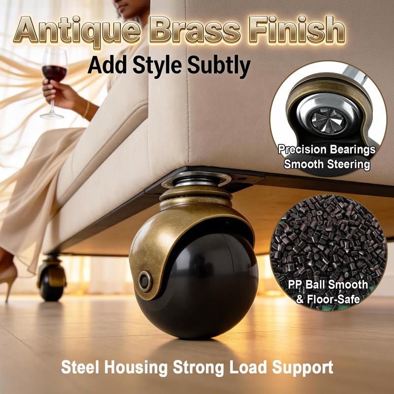 Zerobe 2" Ball Caster Wheels: Antique Brass Swivel Casters (4-Pack)