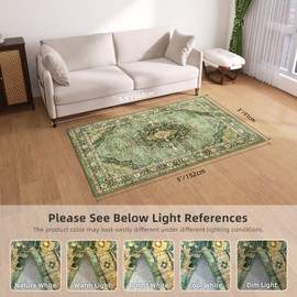 Deerly Green Rug 3x5 Area Rug with Non-Slip Backing, Washable Rugs for Bedroom Living Room Kitchen, Distressed Carpet Printed Low-Pile Soft Dorm Rug Room Decor(Border Green)