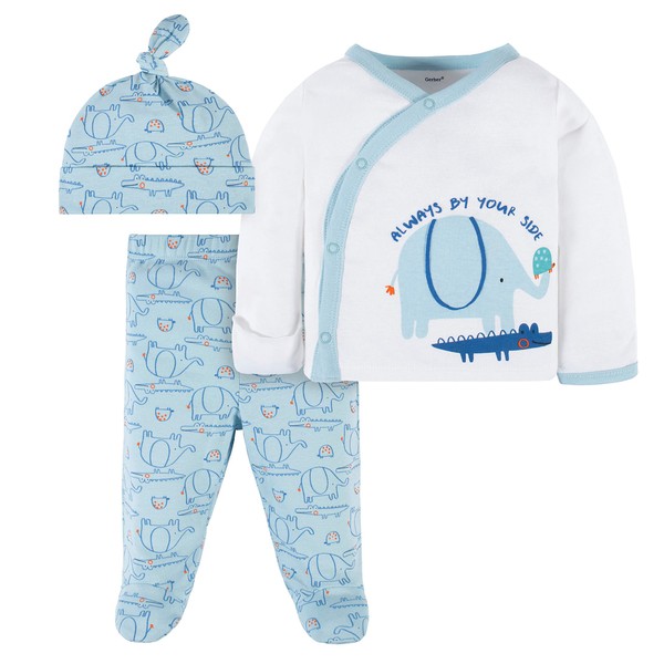 Gerber Conjunto unisex de hospital recién nacido para bebé, pantalón con pies y gorra, Animales azules, 0-3 meses