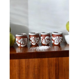 Set of 4 Mini Cantaritos Shot Glasses - 2oz Handmade Mexican Pottery with White Rim & Terracotta Base - Ideal for Tequila Shots, Wedding Favors, & More