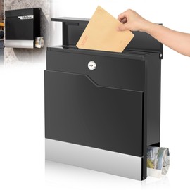 Modern Black Mailbox Wall Mount for Outside, Large Locking Security Key Drop Mail Box, Heavy Duty Galvanized Steel Post Box for House, Weatherproof Collection Box (14.57"x14")