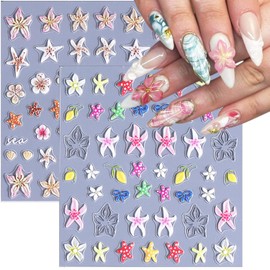 Lily Flowers Shells Starfish Nail Stickers 5D Embossed Nail Art Stickers Summer Sea Theme Nail Design Decal Hawaiian Flower Manicure Sliders for Women DIY Floral Nail Art Decoration Supplies 2 Sheets