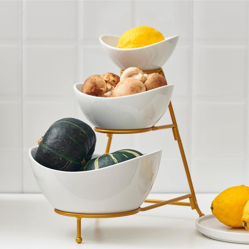 Gomakren 3 Tiered Oval Serving Bowl with Collapsible Metal Rack,