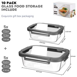 BOROHOUSE 10-Pack Glass Food Storage Containers with Tempered Lids – Borosilicate, Airtight, Oven-Safe (-4°F~950°F), BPA-Free, 4.4 & 1.6 Cup, Leak-Proof, Dishwasher Safe (Gray)