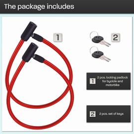 Bicycle Lock 2 Pieces Reinforced Cable 60 cm High Performance Steel with Key Lock System Advanced Security Durable and Easy to Use Effective Theft Protection (Red)