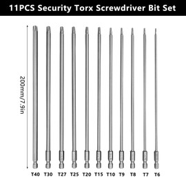 BGSIME 11Pcs Extra Long Torx Bit Set, 200mm Magnetic Torx Screwdriver Bits Set, Star Screw Driver Drill Bits with 1/4" Hex Shank, Security Tamper Proof Screwdriver Bits(T6-T40)