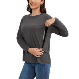 Ecavus Women’s Zip Maternity Nursing Tops for Breastfeeding Long Sleeves Casual Nursing Shirts Pregnancy Mama Clothes Charcoal