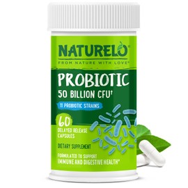 NATURELO Probiotics for Digestive Health - 50 Billion CFU, 11 Strains Daily Supplement - Boosts Immune System, Delayed Release, 60 Vegetarian Capsules