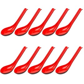 Rice Spoons Ladle for Ramen Noodle Soup - Asian Style Soup Serving Spoons (10, Red/Black)
