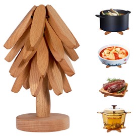 Wooden Tree Trivet Set of 4, Wooden Trivets for Hot Dishes with Storage Stand, Tree Coasters Heat Resistant for Non-Slip Design, Ideal for hot Pots and Pans