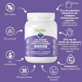 Life180 Dúo Colágeno Hidrolizado Citrato de Magnesio Sabor Uva Pack de 2 | Suplemento Alimenticio para el Soporte Muscular y Bienestar Digestivo, Sin 