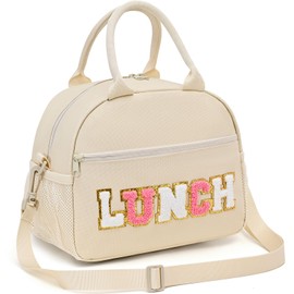 Hairao Lunch Bag For Women, Large Insulated Lunch Bag With Chenille Letter, Preppy Lunch Box For Work, Reusable Lunch Tote Bag With Adjustable Shoulder Straps, Portable Lunch Cooler For Picnic Beige