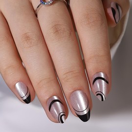 Press on Nails Short Almond Fake Nails Black Line False Nails with Designs Curve Stripe Acrylic Nails for Cat Eye, Reusable Artificial Glue on Nails for Women Girls 24Pcs Nails Kit