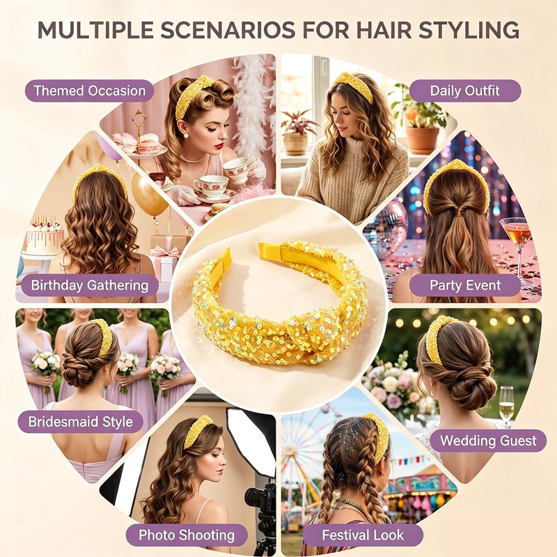 Yellow Glitter Knotted Headband,Women Fashion Sequin Wide Hair Band