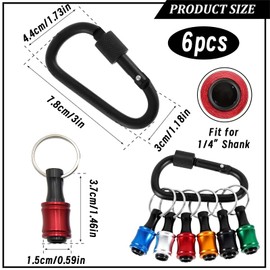 Pack of 6 Bit Holders, 1/4 Inch Hexagonal Screwdriver Bit Holder, Extension Bit Holder, Magnetic, Aluminium Alloy, with Black Carabiner Bit Holder, Cordless Screwdriver