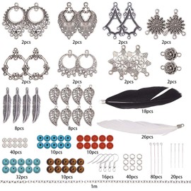 SUNNYCLUE 1 Box DIY 8 Pairs Bohemia Black White Long Feathers Dangle Hook Earring Making Kit with Instruction Jewelry Findings Making Crafts for Women Girls, Antique Silver