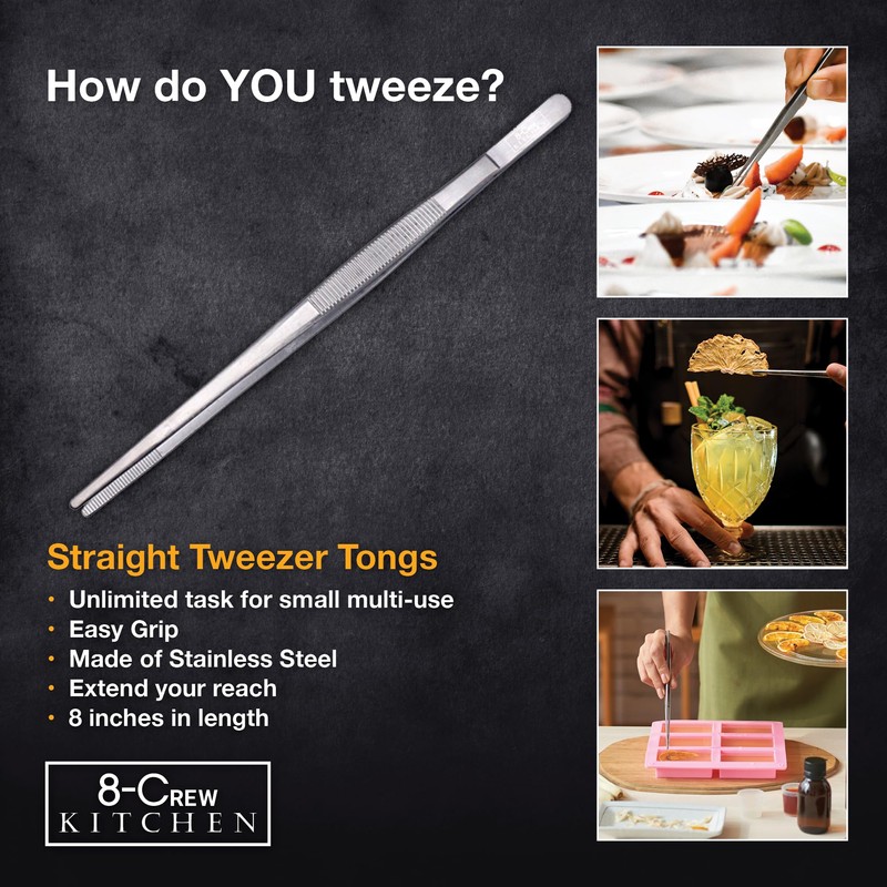 8-CREW KITCHEN Chef Tweezers - 3 Stainless Steel 8” Culinary