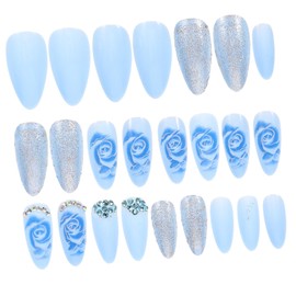 Ipetboom Diy Blue Rose Nail Art Pcs Women's Press on Nails Artificial Nails Rhinestones for Parties