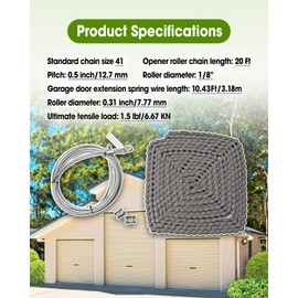 #41 20 ft Roller Chain with 2 Connecting Links and Cable for Gate Openers, Carbon Steel Door Opener Chain for Garage Overhead Gates Hanger Door Automatic Sliding Gate Replacement Karts Bike