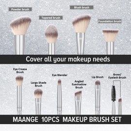 Makeup Brushes, MAANGE 10 Pcs Crystal Makeup Brush Set Professional Travel Premium Synthetic Foundation Powder Blush Eyeshadow Brush Kit Make up Brushes Set (Sliver)